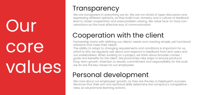 Our core values: transparency, cooperation with the client, personal development Our values